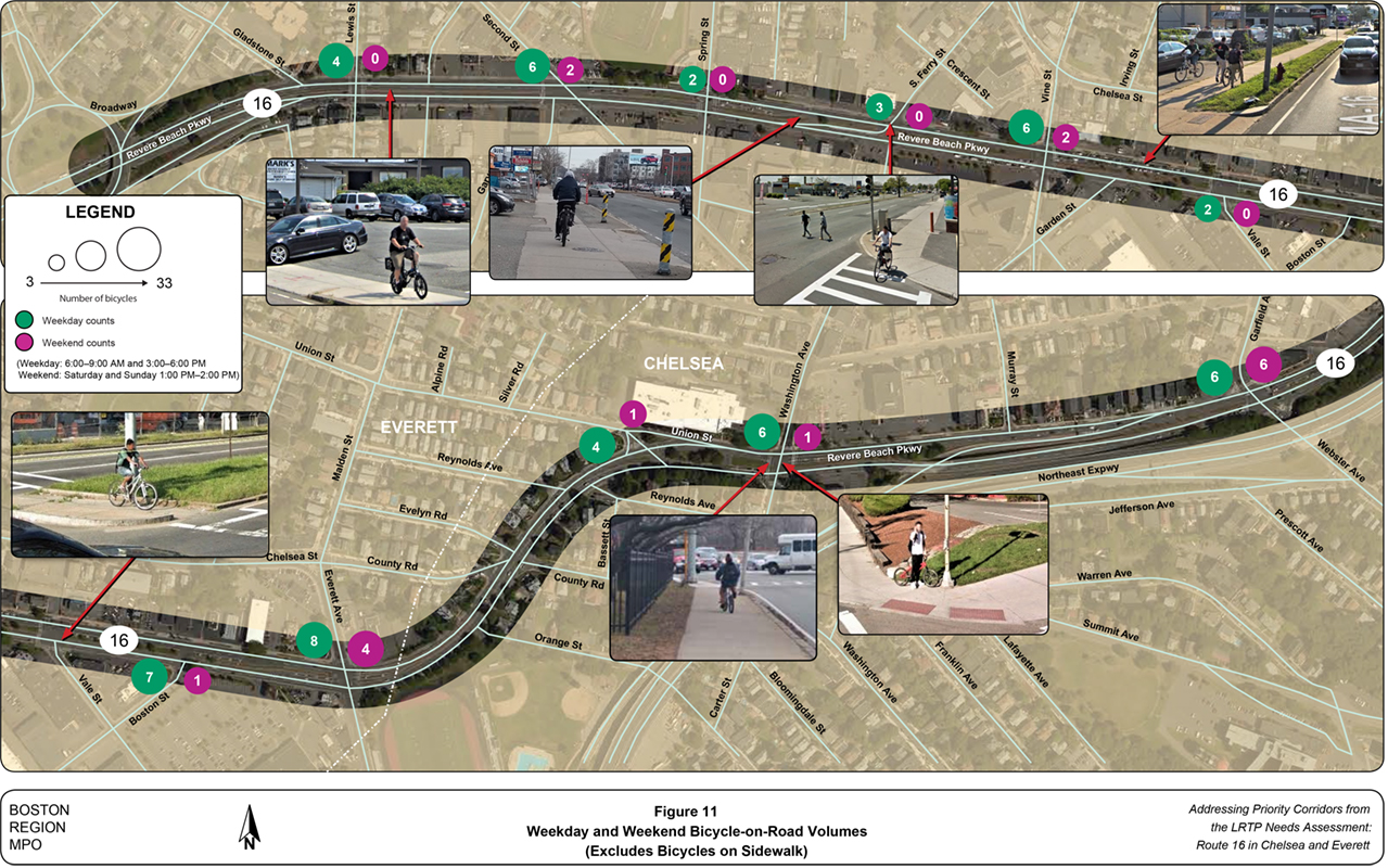 Figure 11
Weekday and Weekend Bicycle-on-Road Volumes
Figure 11 is a map of the study area showing peak period bicycle volumes on Route 16 in Chelsea and Everett.
